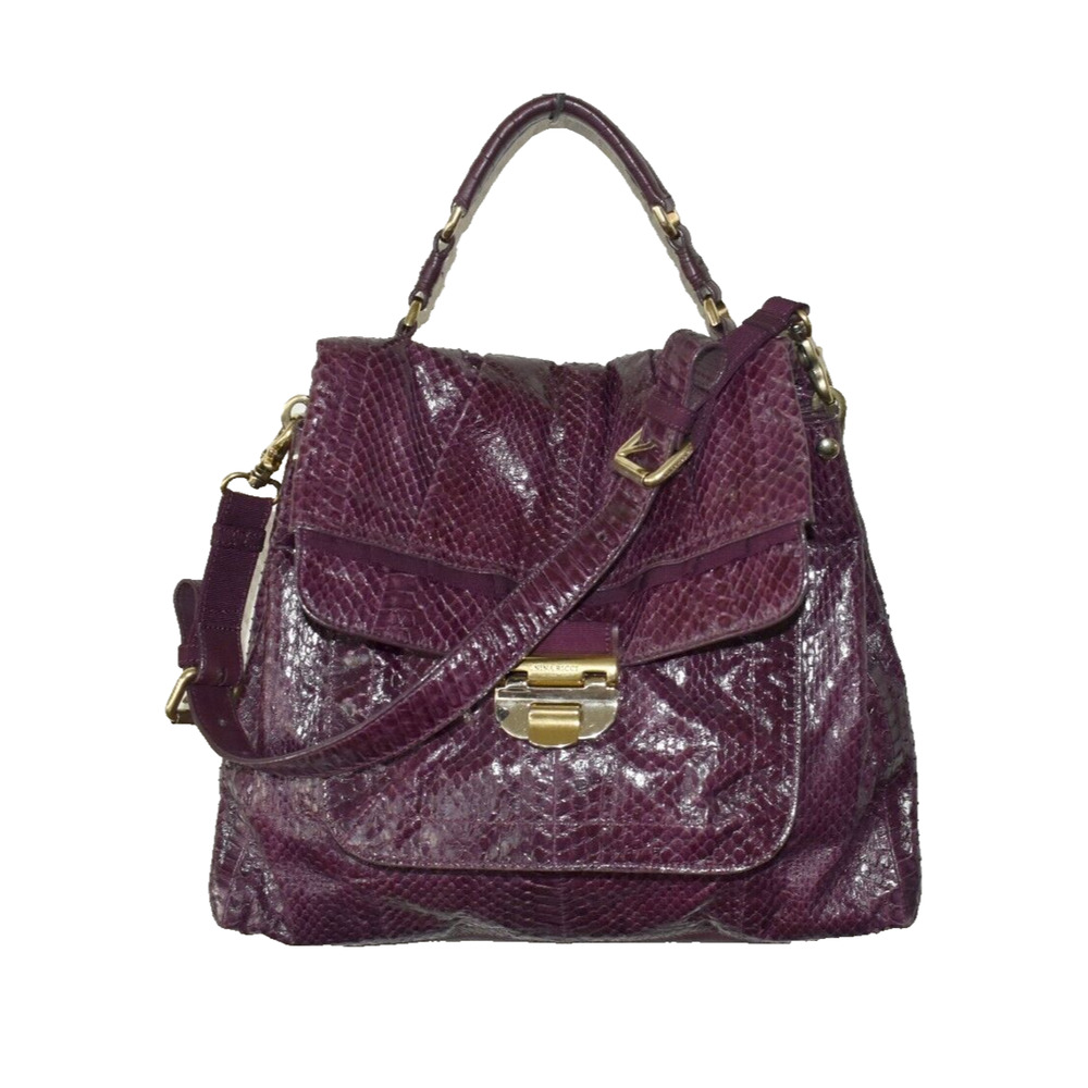 Auth NINA RICCI Drk Raspberry Python Texture Leather Fold Over Liane Satchel Bag